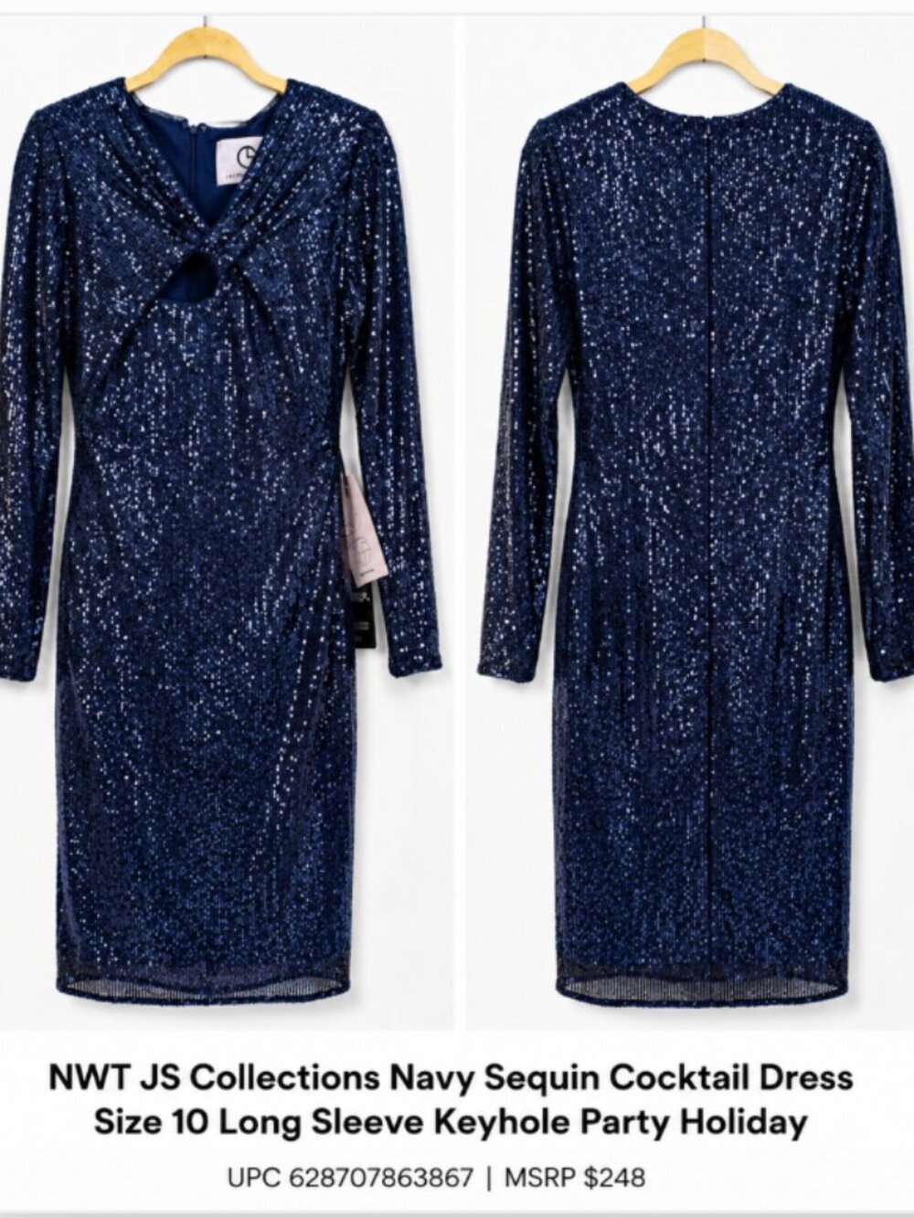 NWT JS Collections Navy Sequin Cocktail Dress Size 10 Long Sleeve Keyhole Party